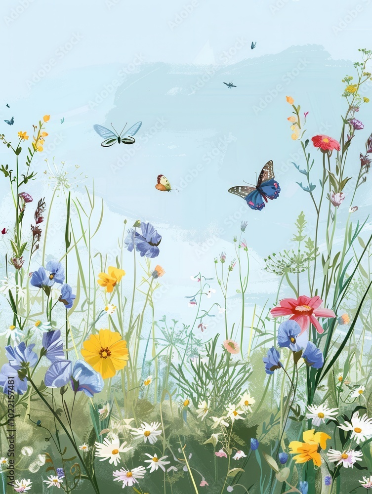 Wall mural Colorful butterflies dance among various wildflowers in a sunny meadow, creating a lively and enchanting atmosphere. Generative AI