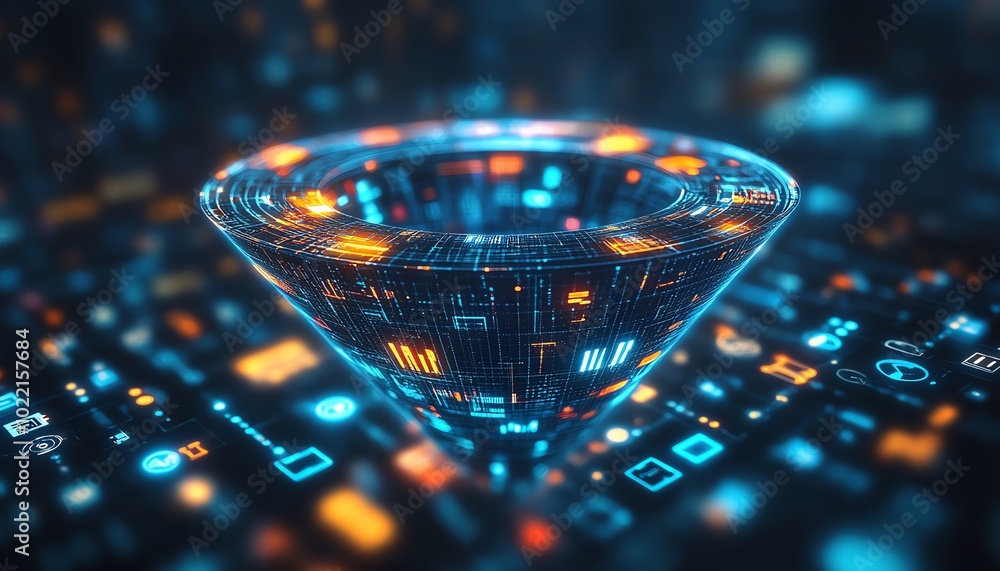 Poster Conceptual visualization of digital transformation through a data collection funnel, representing technology and data analytics in modern business, with a creative flair