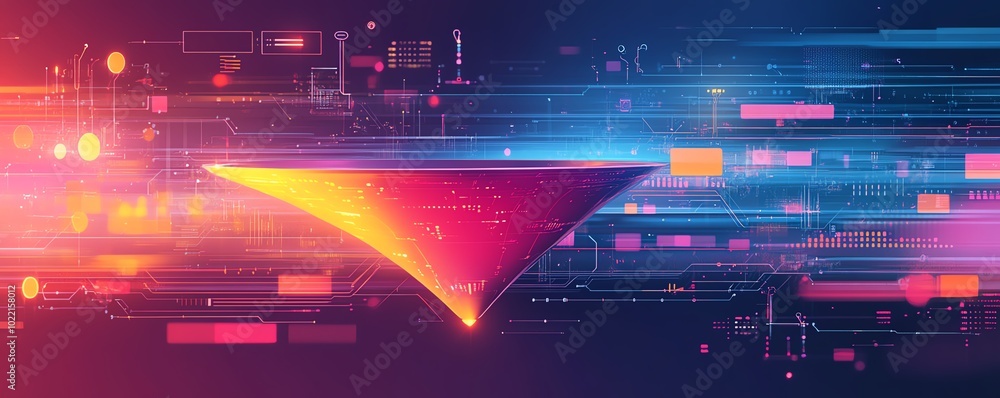 Poster dynamic illustration of digital transformation featuring a data collection funnel, merging technolog