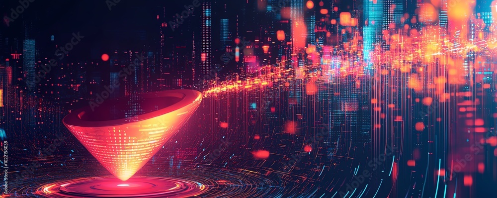 Poster Dynamic illustration of digital transformation featuring a data collection funnel, merging technology and data analytics for business innovation, with eyecatching details