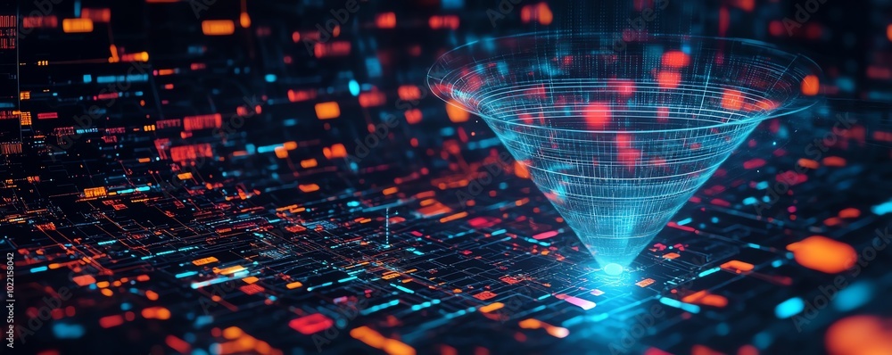Poster Dynamic illustration of digital transformation featuring a data collection funnel, merging technology and data analytics for business innovation, with eyecatching details