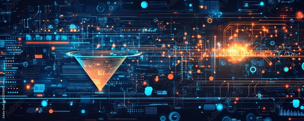 Poster Dynamic illustration of digital transformation featuring a data collection funnel, merging technology and data analytics for business innovation, with eyecatching details