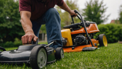 Obraz premium Man Operating Robotic Lawnmower on Residential Grass Yard for Lawn Maintenance and Landscaping