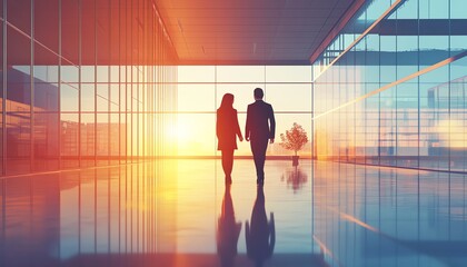 Fototapeta premium Empowering scene of two professionals working together, showcasing partnership and collaborative effort in a corporate environment, clean lines, modern design