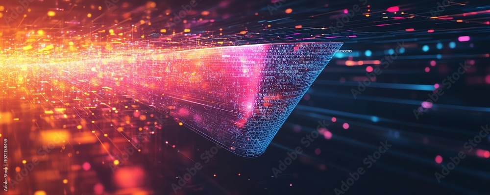 Poster futuristic data collection funnel illustrating digital transformation, emphasizing technology and da