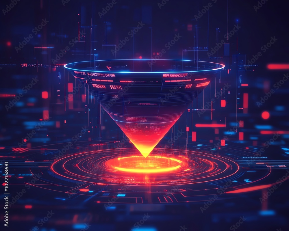 Poster Illustration of a data collection funnel representing digital transformation, focusing on the fusion of technology and data analytics in business, with a techinspired aesthetic