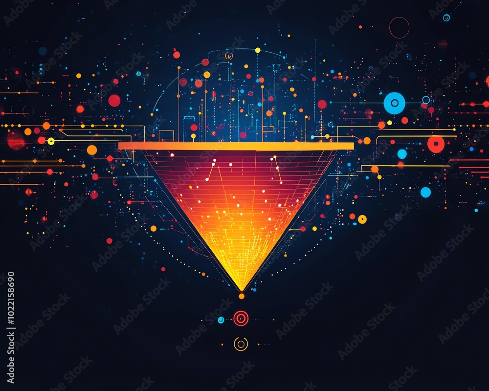 Poster Illustration of a data collection funnel representing digital transformation, focusing on the fusion of technology and data analytics in business, with a techinspired aesthetic