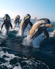 Fototapeta premium A pod of dolphins leap out of the water in a playful display of acrobatics, their sleek bodies catching the sunlight as they soar through the air.