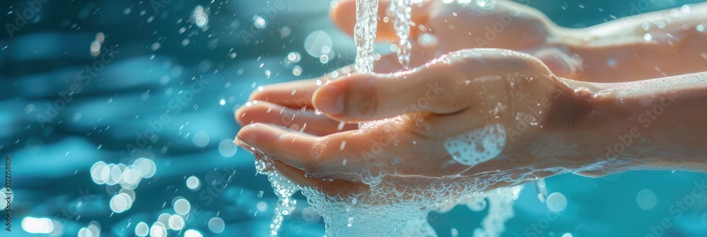 Poster Hands are thoroughly washed under a flowing stream of clear water, emphasizing the importance of hygiene and cleanliness. Generative AI