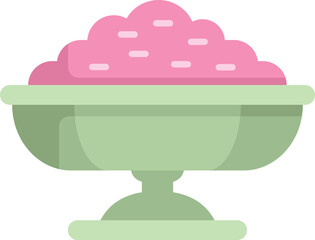 Classic green footed bowl is overflowing with pink frosting, ready for a baker to use to frost cupcakes or a cake