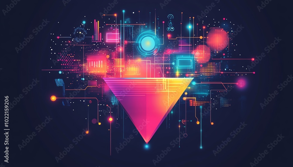 Poster Stylized image of a data collection funnel showcasing digital transformation, blending technology and data analytics for businesses, with futuristic elements and vivid colors