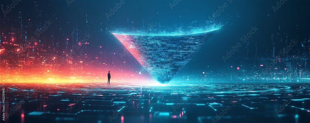 Poster Visual representation of digital transformation featuring a data collection funnel, blending technology and data analytics for modern business processes, in a minimalist style