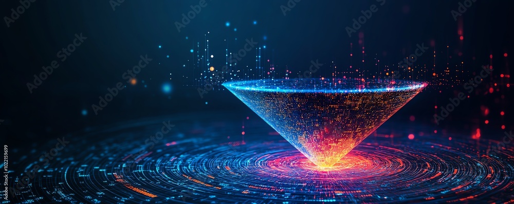 Poster Visual representation of digital transformation featuring a data collection funnel, blending technology and data analytics for modern business processes, in a minimalist style