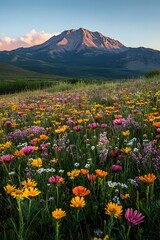 Fototapeta premium Vibrant wildflowers bloom in a field, with a majestic mountain in the background.