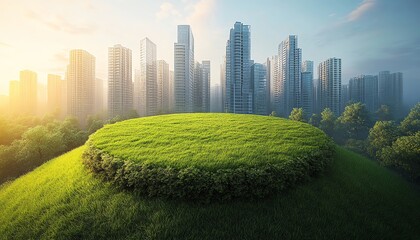 Fototapeta premium A pie chart of lush grass in the center of a futuristic ecofriendly business district, highlighting the importance of green growth and sustainable practices