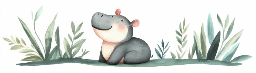 Concept about Pygmy hippopotamus. Watercolor painting of a hippo sitting among green plants, featuring a cheerful expression and soft gray and pink tones in a playful style.