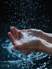Water streams over cupped hands, illustrating a moment of personal care and the significance of maintaining hygiene practices. Generative AI