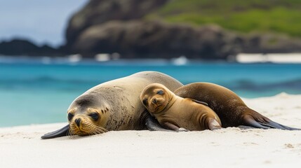 Fototapeta premium Mother and Pup Seals Relaxing on Sandy Beach