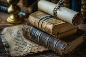 Ancient books and a scroll are neatly arranged on a wooden table, highlighting their historical significance in a cozy library. Generative AI