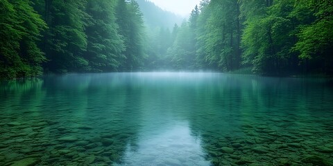 Obraz premium A serene lake nestled amidst a lush green forest, the mist adds to the tranquility of the scene.