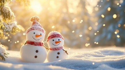 Fototapeta premium Cute snowman in heavy snow covered wild field at sunrise