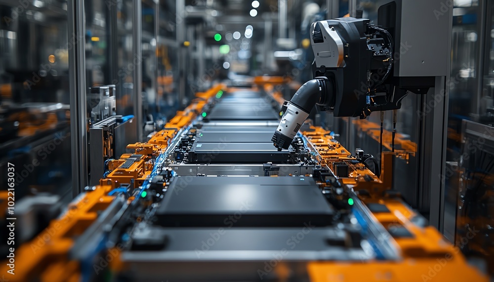 Poster an upclose look at the assembly line for electric vehicle battery cells, featuring automated machine