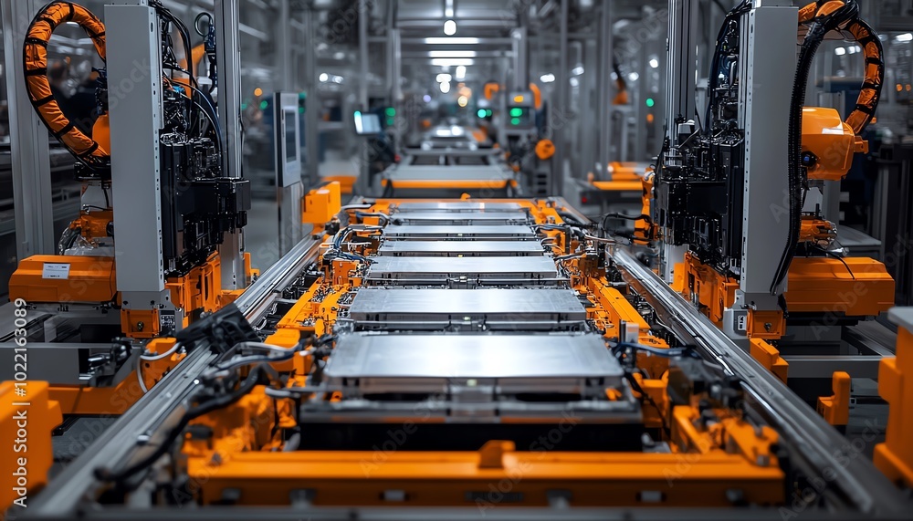 Poster An upclose look at the assembly line for electric vehicle battery cells, featuring automated machinery and advanced manufacturing techniques