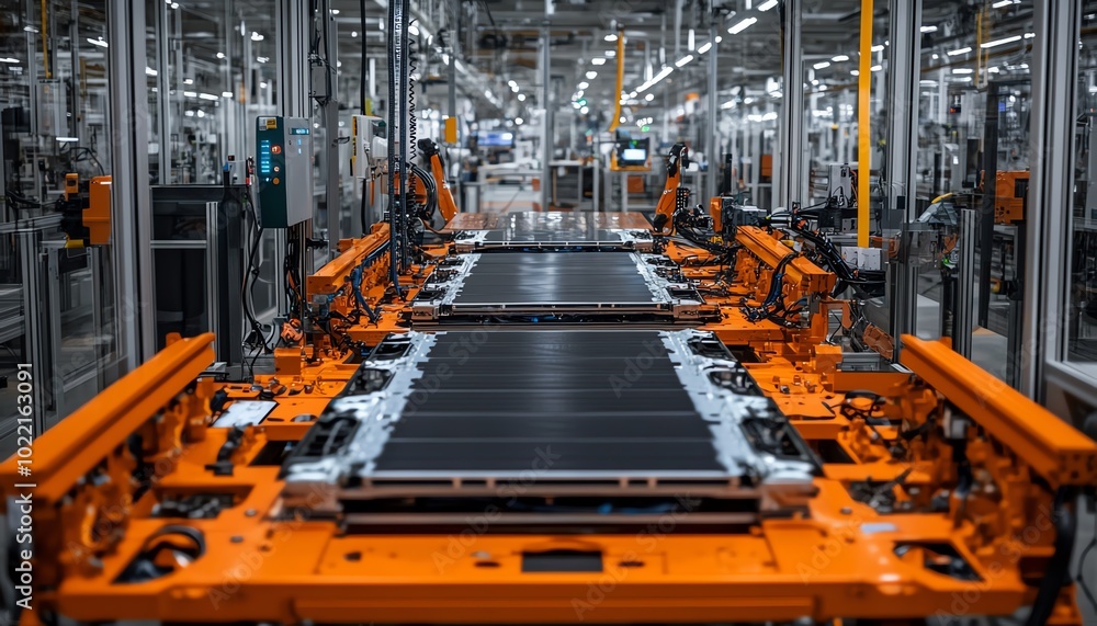 Poster An upclose look at the assembly line for electric vehicle battery cells, featuring automated machinery and advanced manufacturing techniques
