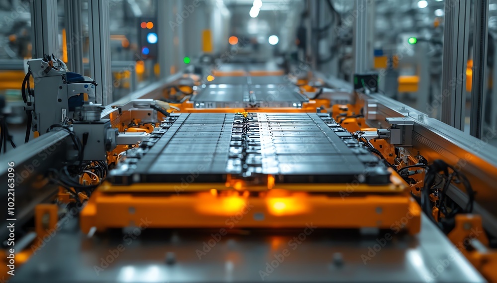 Poster An upclose look at the assembly line for electric vehicle battery cells, featuring automated machinery and advanced manufacturing techniques