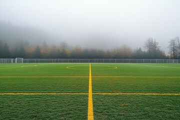 Obraz premium Empty soccer field with fog. A misty morning creates a haunting atmosphere on the field.