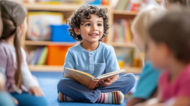 Kindergartener participating in a storytelling session sharing their favorite fairy tales and fables with classmates