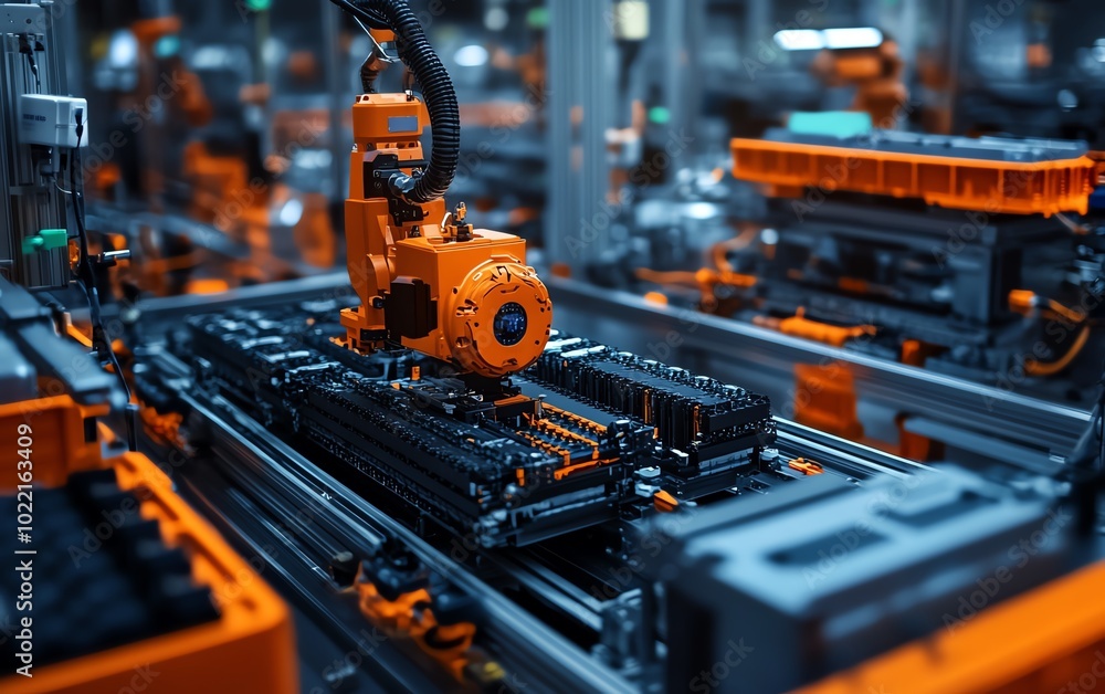 Poster closeup shot of battery cell assembly in an electric vehicle production line, emphasizing the precis