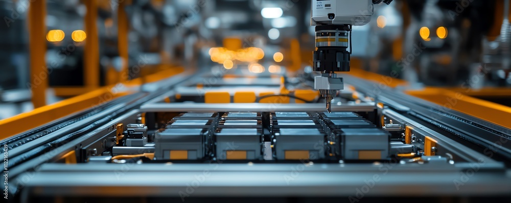 Aufkleber closeup view of a mass production assembly line for electric vehicle battery cells, showcasing intri