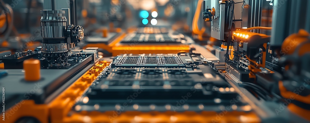 Aufkleber closeup view of a mass production assembly line for electric vehicle battery cells, showcasing intri