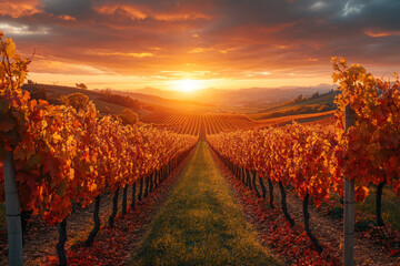 Fototapeta premium A row of grape vines with a sunset in the background