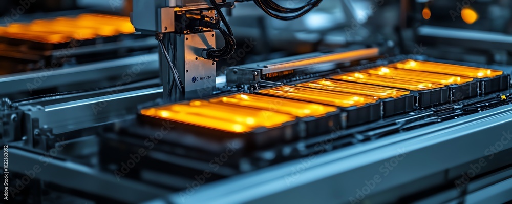 Poster mass production of electric vehicle battery cells captured in a closeup view, emphasizing the effici