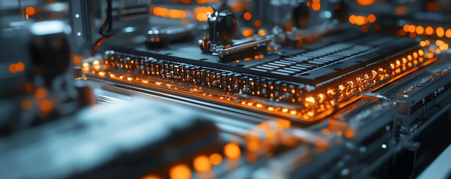 Mass production of electric vehicle battery cells captured in a closeup view, emphasizing the efficiency and innovation of the assembly process