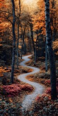 Fototapeta premium A winding path through a forest with vibrant autumn foliage. The sunlight filters through the trees, creating a magical atmosphere.
