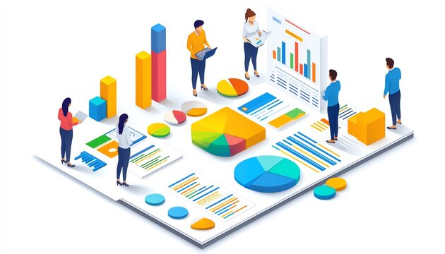 Colorful isometric business presentation illustration, data analysis, isolated on white background, engaging visuals, effective communication
