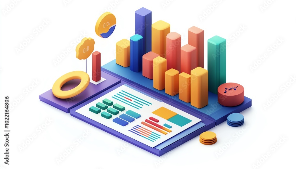 Aufkleber dynamic isometric view of a business presentation, data report illustration, isolated on white backg