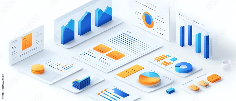 Poster isometric data report illustration for business presentation, includes diverse graphs and charts, is