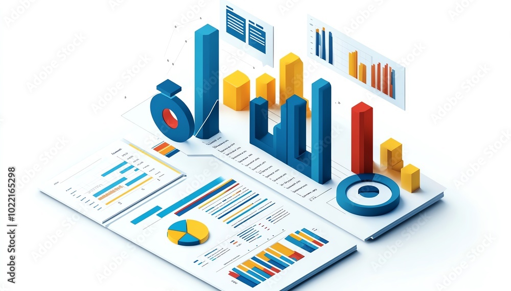 Poster isometric view of a business analytics report, datadriven illustration, isolated on white background