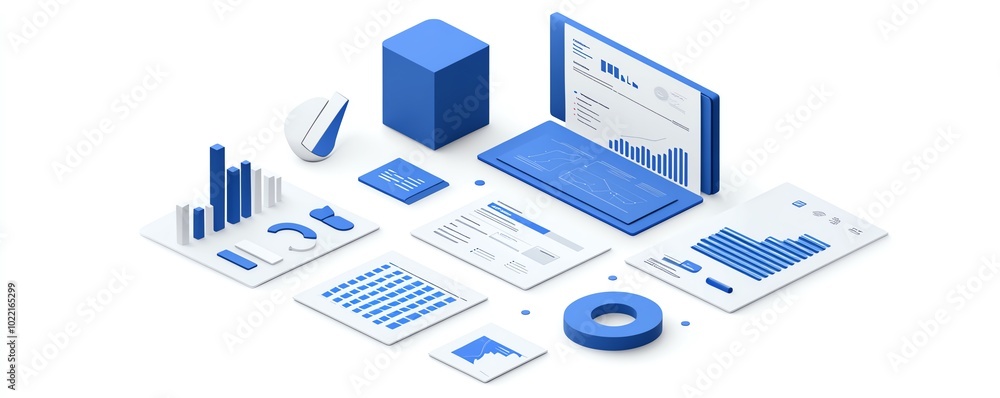 Poster Isometric view of a business data report, charts and graphs, isolated on white background, sleek and minimalist style, corporate branding
