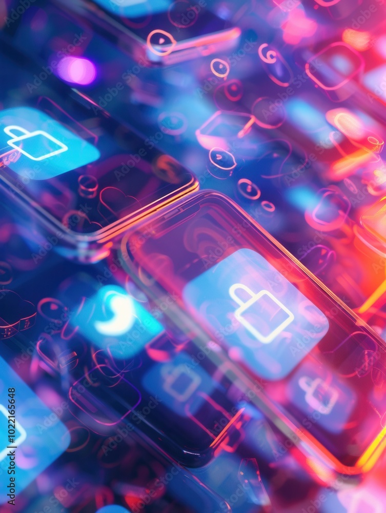 Aufkleber Smartphone screens glow with colorful like and comment icons, creating a visually engaging digital atmosphere in a modern setting. Generative AI