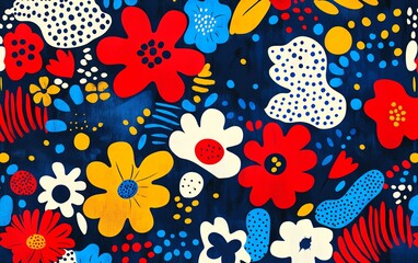 Seamless pattern in pop art style, playful and whimsical designs, bold primary colors red, blue, and yellow, fun visual experience