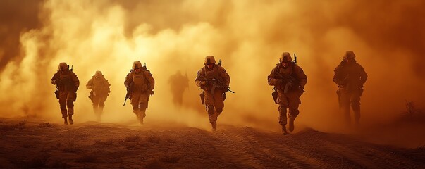Several soldiers equipped for battle, confidently facing the camera, in a dusty, foggy landscape, intense mood, actionready stance