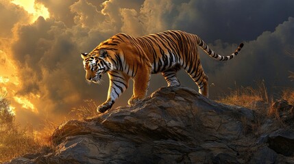 Majestic Tiger Walking on Rocky Terrain at Sunset