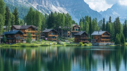 A serene mountain village with wooden cabins nestled along the edge of a crystal clear lake, surrounded by towering peaks and lush forest.

