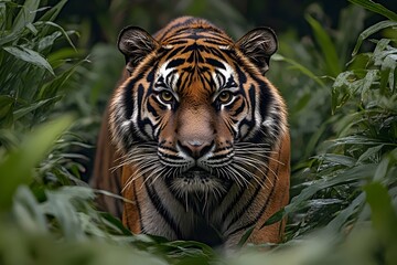 Fototapeta premium A majestic tiger stares intently from within a lush green jungle, its powerful presence captivating the viewer.
