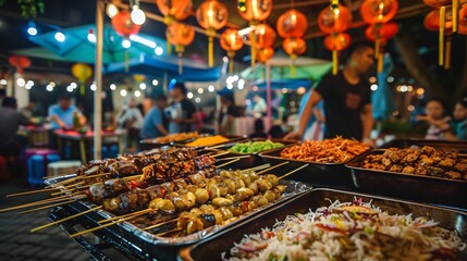 Malaysian night market with satay skewers roti canai and coconut rice in a lively atmosphere